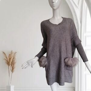 Elegant Gray Sweater with Faux Fur Details